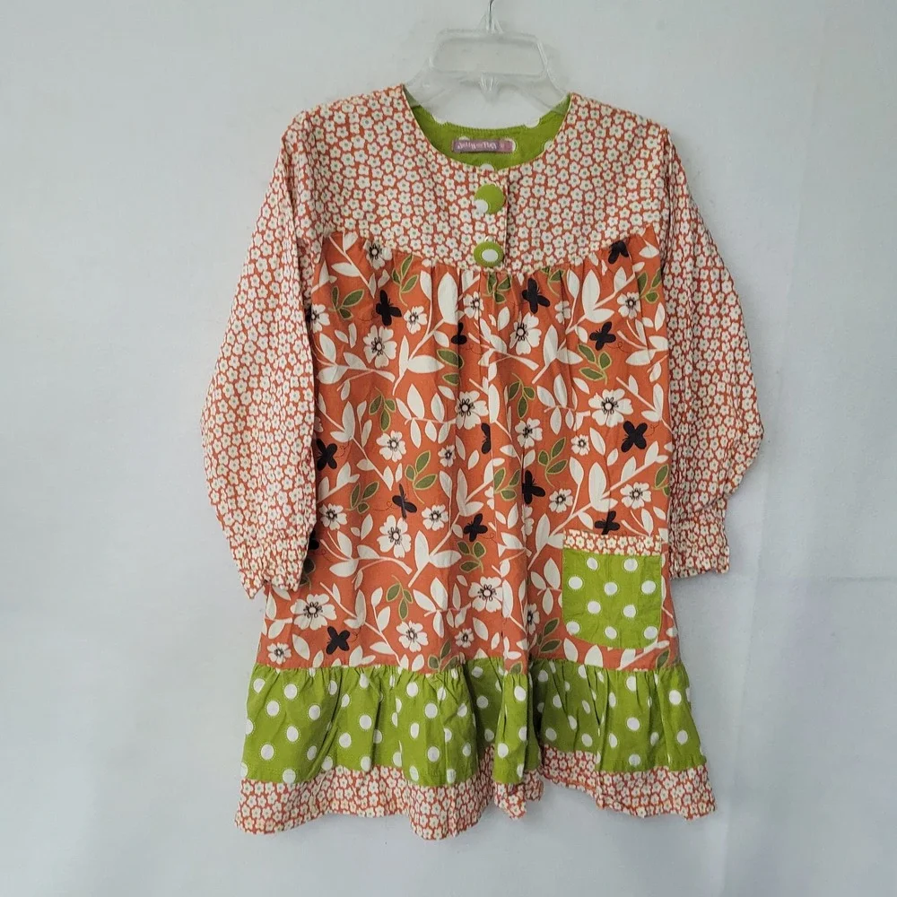 Jelly the Pug Renee Ruffle Dress Girls 10‎ Orange Floral Polka Dot Long Sleeve
